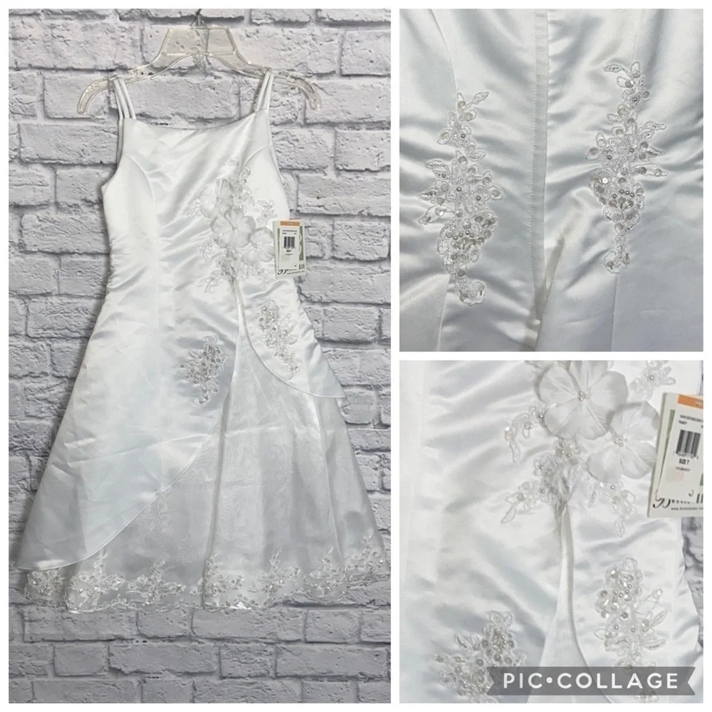 Bonnie Jean Girl's 7 White Asymmetrical Embroidered Lace Formal Dress